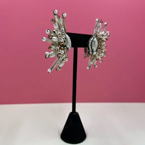 Vintage Designer Beaded Sunburst Clip On Earrings - Picture 2 of 7